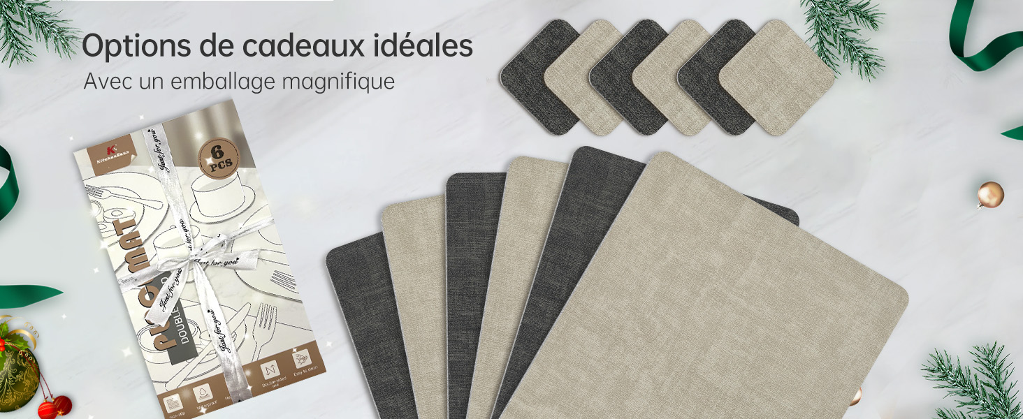 Le texte se lit comme suit : « Options de cadeaux idéales ». Collection d'articles cadeaux minimalistes disposés selon une disposition en grille, comprenant des articles de couleur neutre sur fond blanc avec des éléments décoratifs à feuilles persistantes.