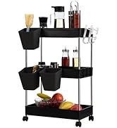 DOEWORKS Chariot de Rangement Chariot de Service en à 3 Niveaux, Chariot Roulant avec Tasses Susp...