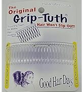 Le texte se lit comme suit : « The Original Grip-Tuth », « Handmade in USA », « Hair Won't Slip Out », « Good Hair Days ». Peigne à cheveux en plastique transparent avec des dents étroitement espacées.
