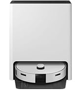 Meuble de rangement mural rectangulaire blanc ou distributeur avec un compartiment visible laissant entrevoir un aspirateur robot à l'intérieur.