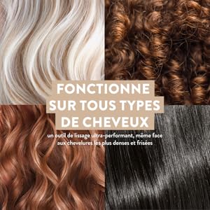 Le texte se lit comme suit : « FONCTIONNE SUR TOUS TYPES DE CHEVAUX ». Plusieurs panneaux montrant différentes textures et couleurs de cheveux en gros plan.