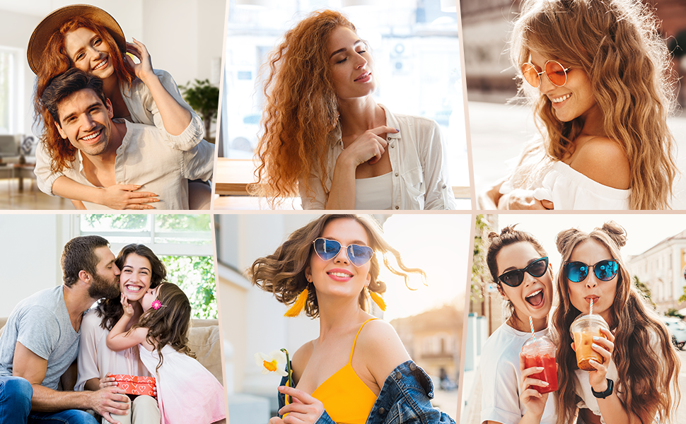 Collection d'images de style de vie montrant diverses lunettes de soleil colorées portées à l'extérieur dans un cadre ensoleillé.