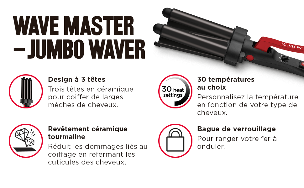 Revlon; Fer à onduler; trois têtes; céramique et tourmaline; 30 réglages de température;