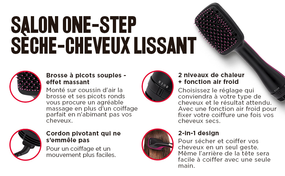 Revlon; Sèche-cheveux; lissant; 2 niveaux de chaleur; Cool Shot; cheveux longs ou mi-longs