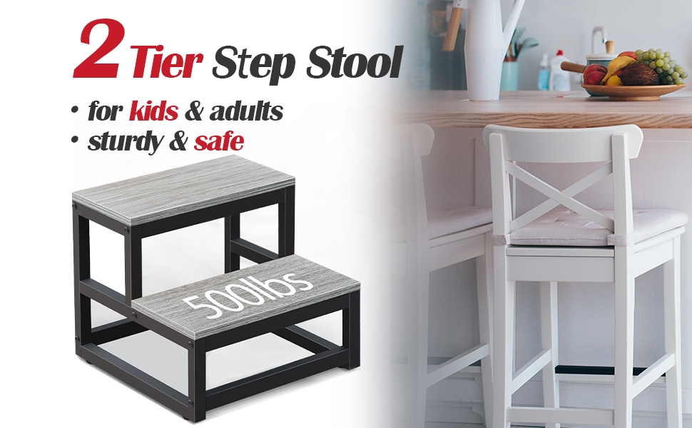 pour enfants et adultes. L'image de gauche montre un cadre noir d'une capacité de 500 livres. L'image de droite montre un tabouret blanc dans la cuisine.