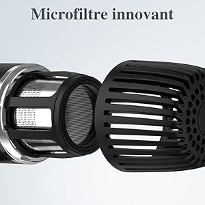 Système de microfiltre innovant en deux parties. L'un des composants est un filtre à mailles cylindriques, l'autre un boîtier perforé noir avec de multiples trous.