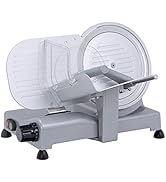 Angles multiples d'une trancheuse à viande de style commercial en argent métallisé, montrant la lame circulaire, le chariot à aliments et les mécanismes de réglage de l'épaisseur.