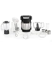 Plusieurs vues d'un appareil de cuisine noir et argenté avec divers accessoires, notamment des pots à mélanger et des bols de transformation.