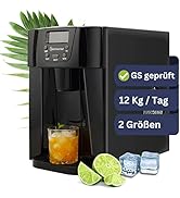 Machine à glaçons de comptoir noire avec affichage numérique, illustrée en train de produire de la glace avec une garniture à la lime. Les caractéristiques indiquent une capacité quotidienne de 12 kg et deux options de taille.