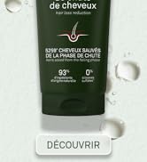 Le texte se lit comme suit : « DECOUVRIR ». Images de produits montrant un emballage de cosmétiques ou de soins capillaires vert foncé avec des gouttelettes sur fond clair.