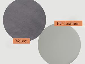Échantillons de matériaux : échantillon de velours circulaire gris foncé et échantillon de cuir PU circulaire gris clair sur fond blanc