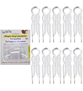 Texte : « Épingles à cheveux Magic Grip ». Présentoir de plusieurs épingles à cheveux en plastique transparent disposées en rangées, présentant un design à deux branches.