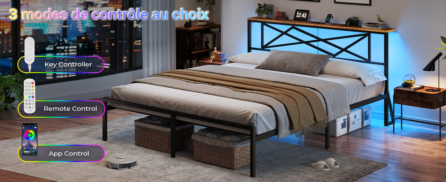 avec bandes lumineuses LED sur le cadre de lit. Comprend des options de contrôle à distance, de contrôle par application et de commande vocale pour la personnalisation de l'éclairage.