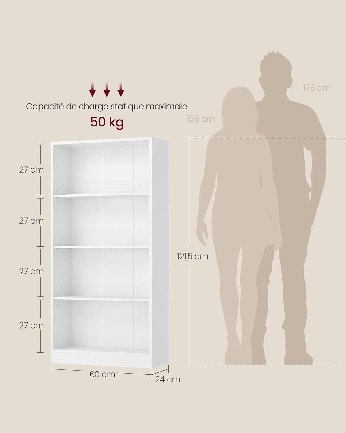 VASAGLE - étagère bibliothèque 4 niveaux - 24x60x121,5cm - rangement ouvert design blanc LBC107T14