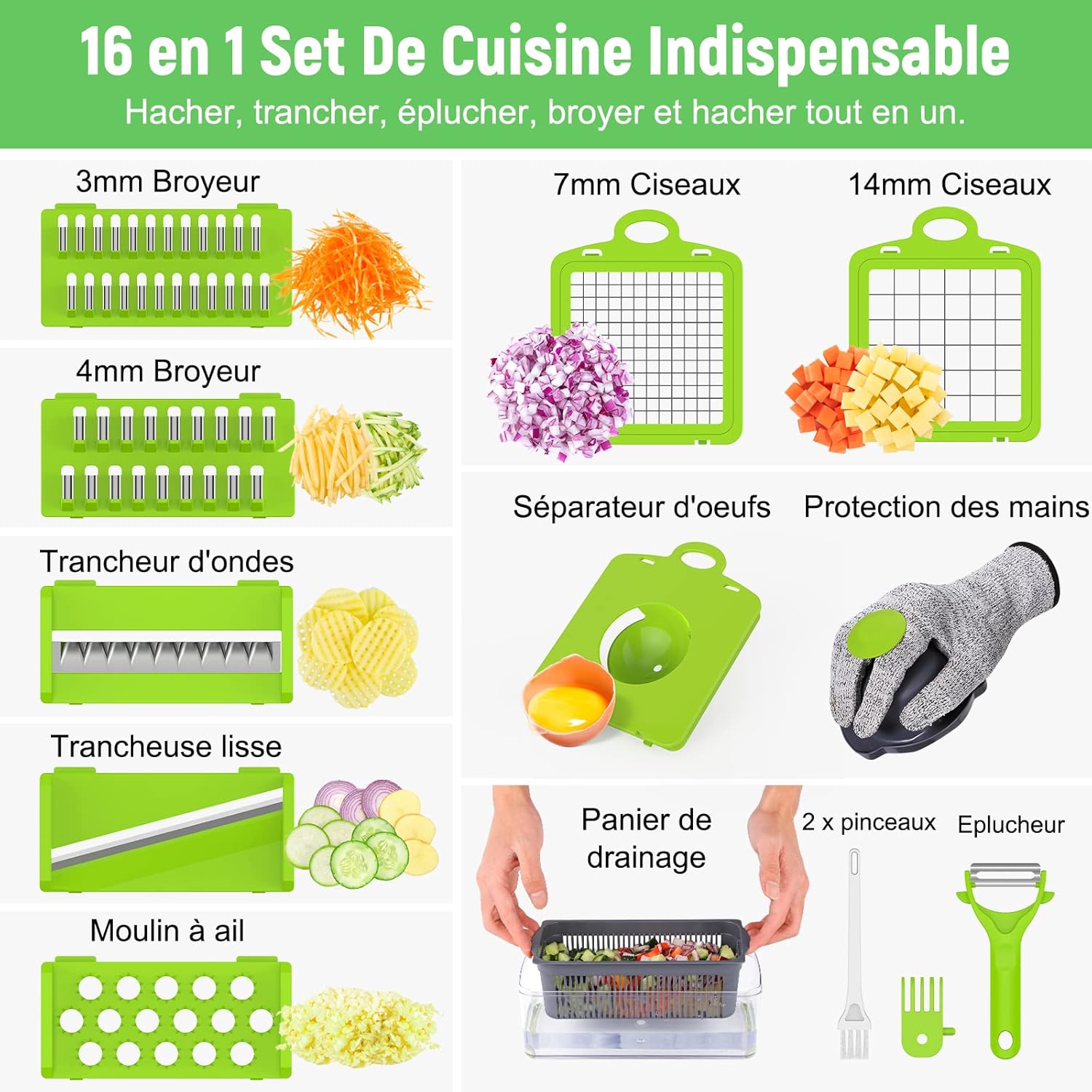 Coupe légumes multifonction - 16 en 1 - 7 lames réglables - découpe manuelle