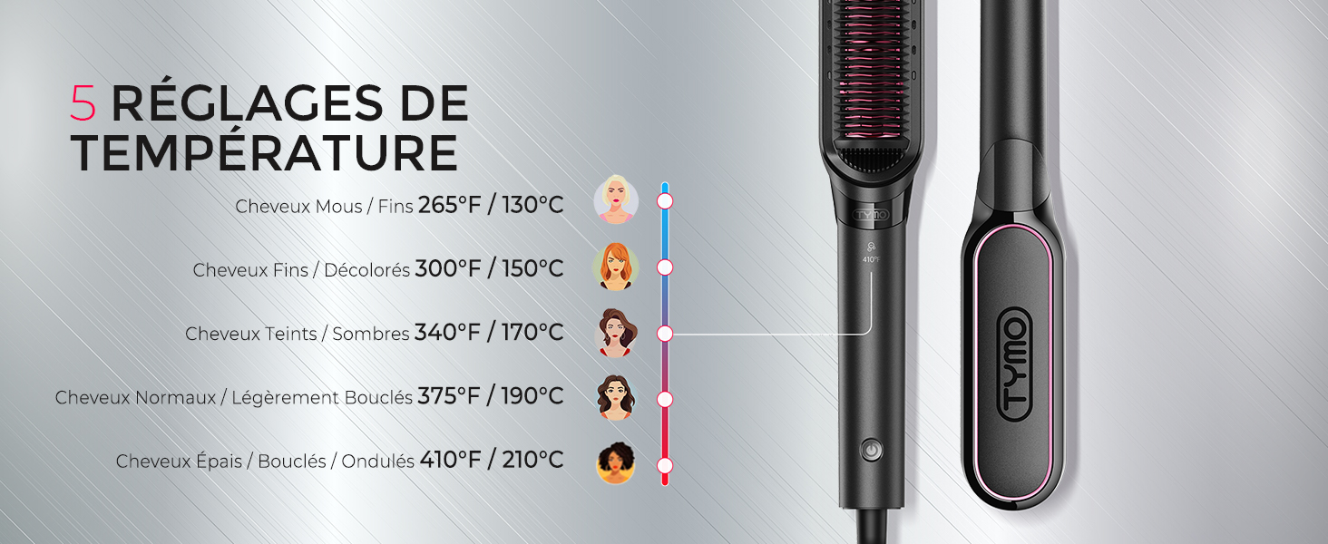 Le texte indique « DÉCLARATION DE TEMPÉRATURE », suivi de spécifications techniques. Thermomètre numérique ou appareil de température affiché sous plusieurs angles avec écran LCD.