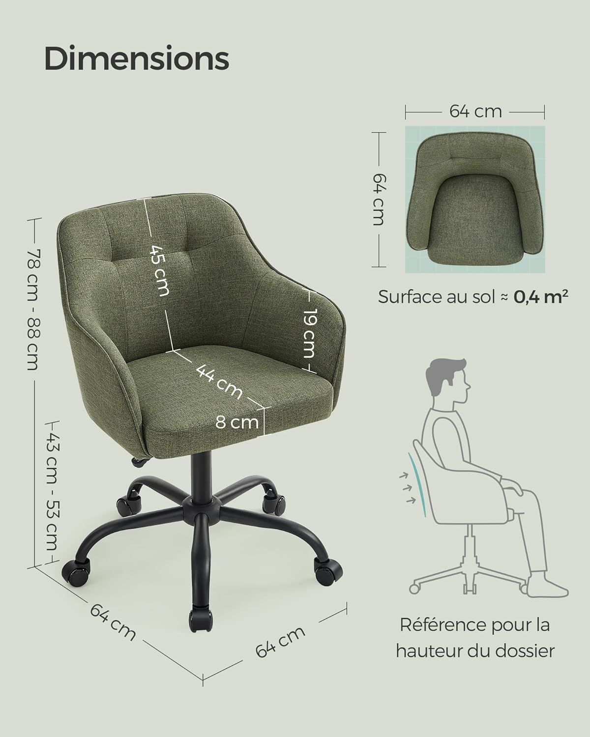SONGMICS - fauteuil ergonomique - tissu coton-lin - acier, 110kg, réglable - OBG019C01