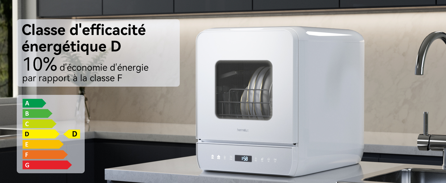 avec étiquette de classe d'efficacité énergétique D. Une petite fenêtre montre des plaques intérieures. Tableau de classification énergétique visible. Situé dans la cuisine à côté de l'évier.