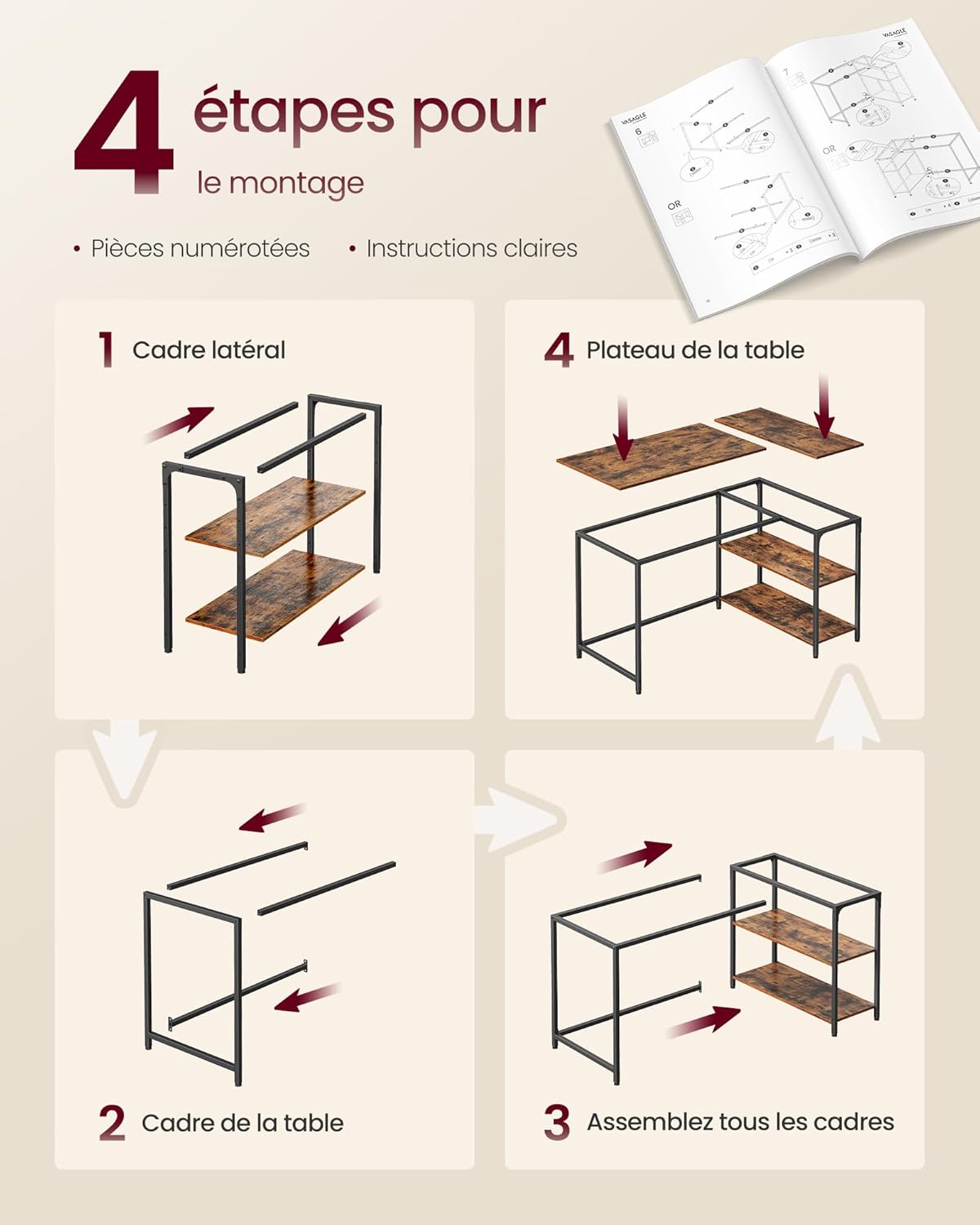 VASAGLE - Bureau en L - 110x80 cm - étagères ajustables, rangement, LWD135KD01