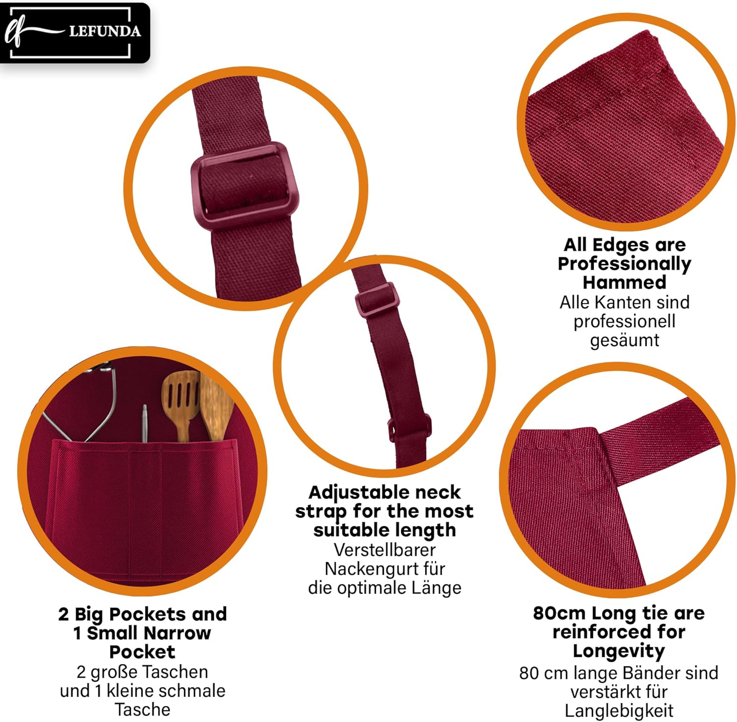 LEFUNDA - tablier cuisine étanche, 3 poches, lanières réglables, pro