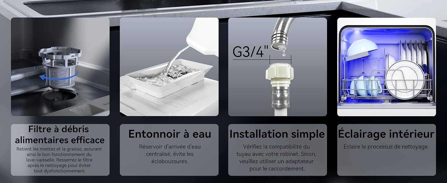 sont présentées dans quatre panneaux : filtre à débris, entonnoir à eau, connecteur d'installation simple et éclairage intérieur éclairant