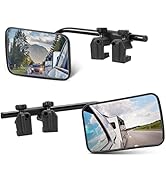 Rétroviseurs de remorquage réglables avec surfaces réfléchissantes rectangulaires. Les cadres en plastique noir se fixent aux rétroviseurs extérieurs du véhicule via des supports à pince. Les rétroviseurs offrent des vues sur la route et les véhicules.