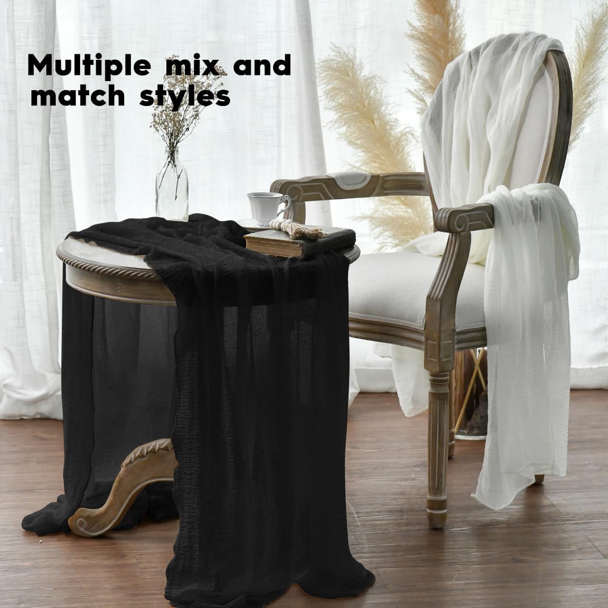 Artoid Mode - Chemins de table bohème noir - 300 cm - mousseline gaze, déco mariage/fête