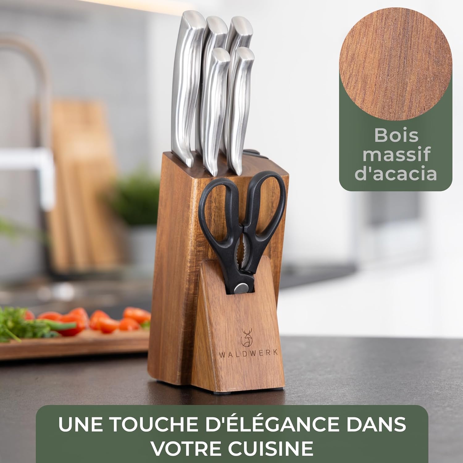 WALDWERK - Bloc couteaux cuisine 7pcs - aiguisoir intégré, support