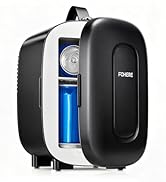 Mini-réfrigérateur ou glacière noir compact avec éclairage intérieur bleu visible sous plusieurs angles. Le nom de marque « FUNUSE » est visible sur le devant.