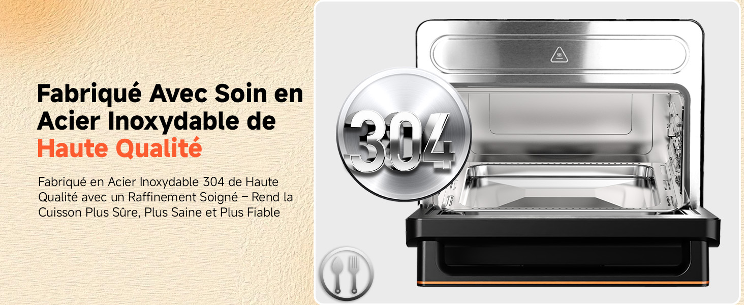 Le texte indique « Fabriqué avec soin en acier inoxydable » suivi de « Haute Qualité ». Schéma technique ou illustration de ce qui semble être un équipement de fabrication.