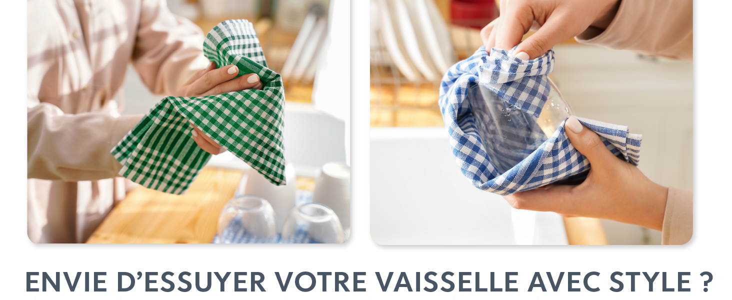 une femme tenant un linge et une serviette dans une cuisine