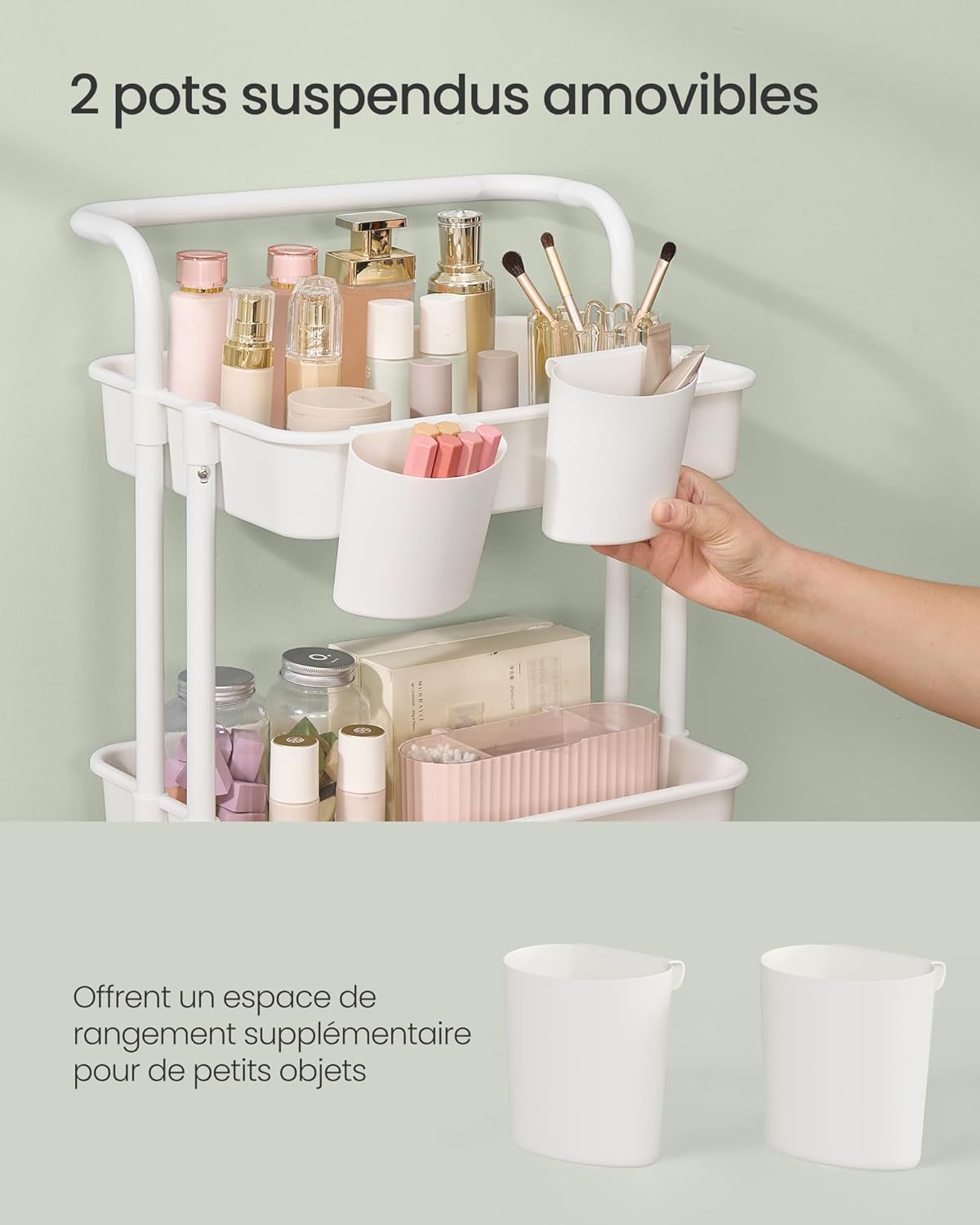 SONGMICS - Chariot de rangement 4 niveaux - poignées, roulettes, 2 pots, 2 freins - Blanc - BSC077WZ01