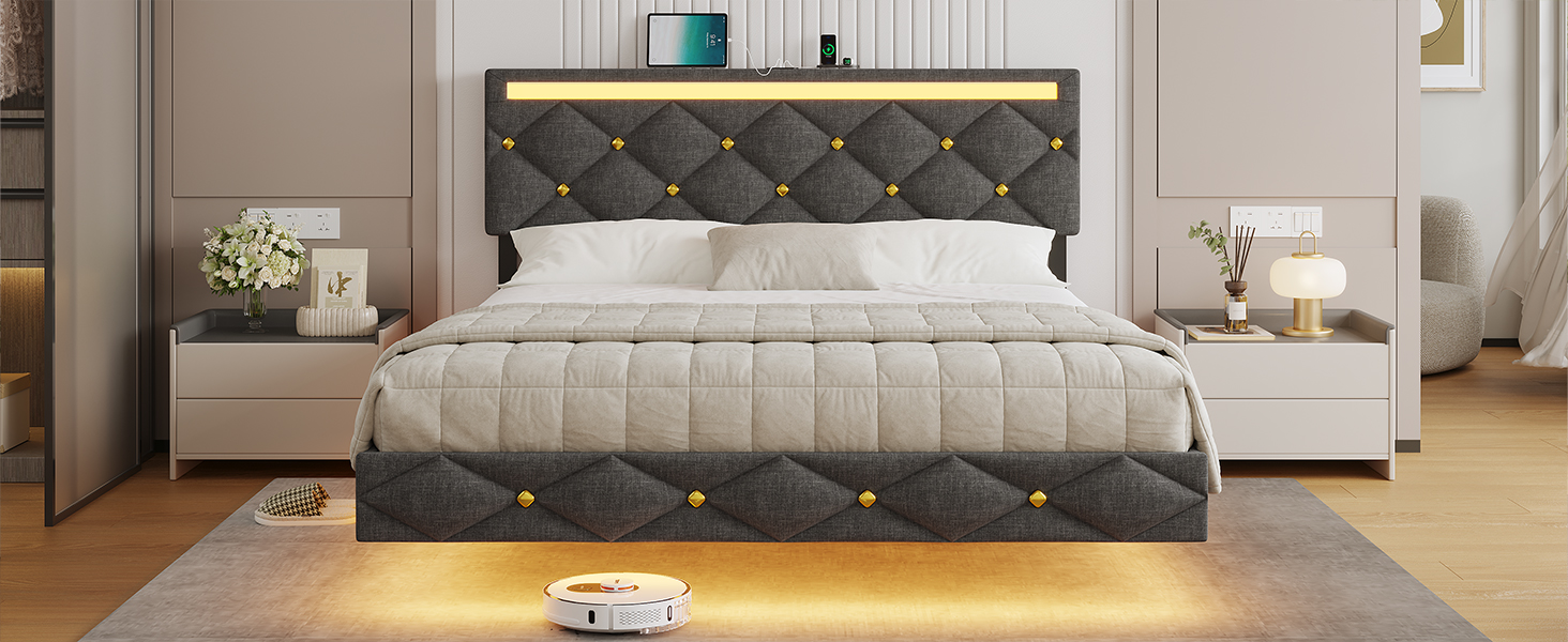 un lit avec un robot sur le sol