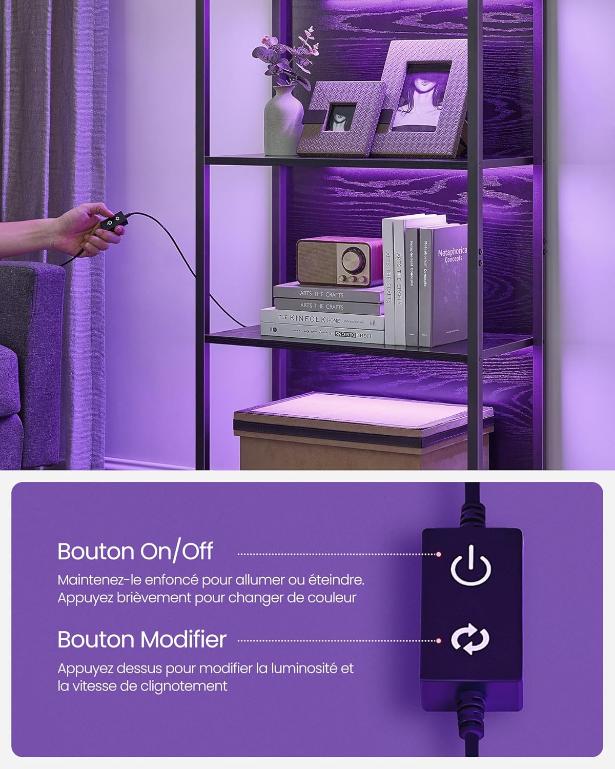 VASAGLE - bibliothèque 6 niveaux, LED, acier, 30,3x60x178,6 cm, LLS120B57