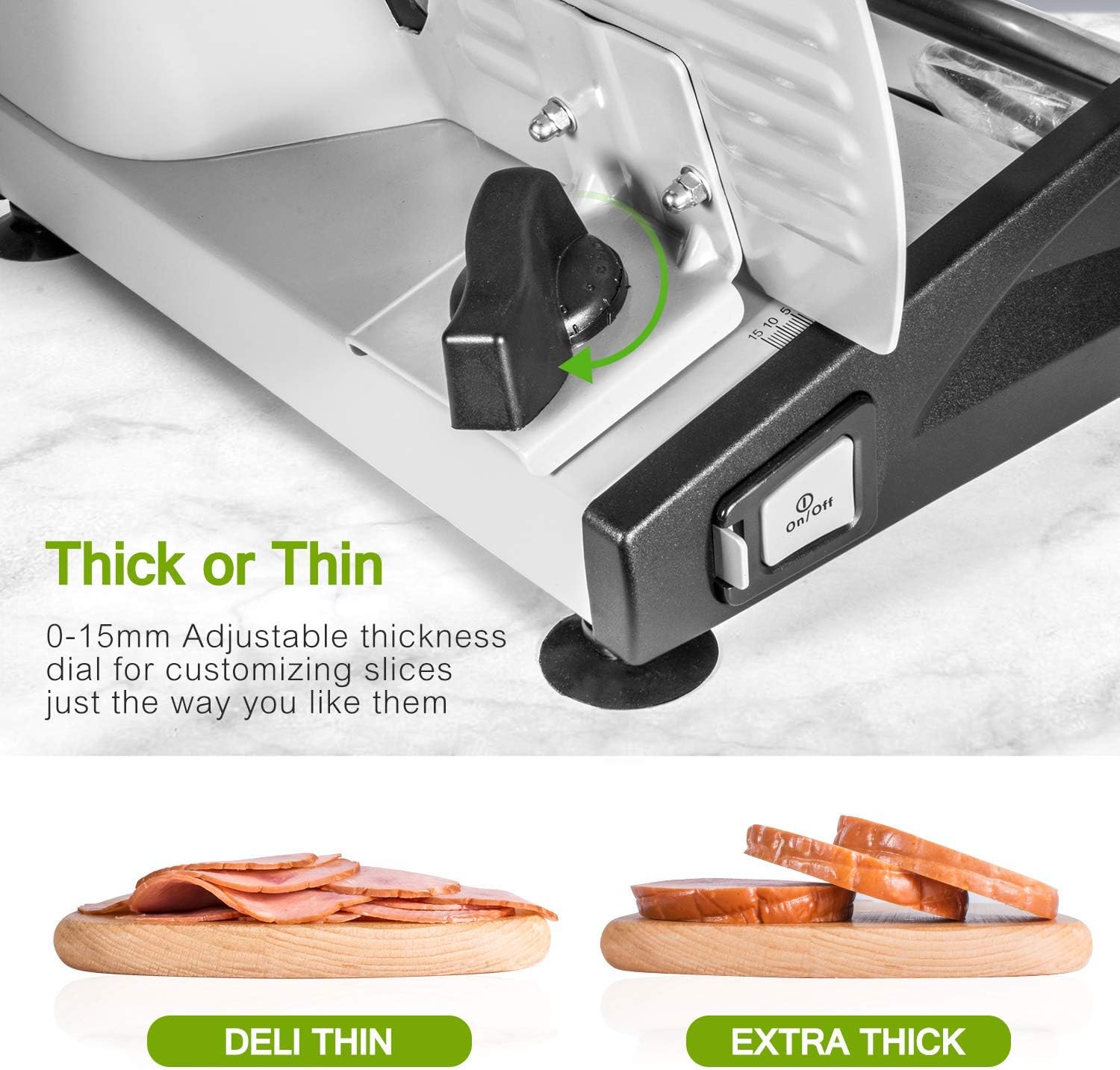 Trancheuse électrique - lame inox réglable 0-15mm - sécurité enfants - 150W