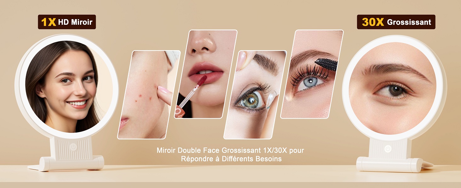 présentant des caractéristiques de grossissement avec des vues rapprochées des traits du visage démontrant un grossissement de 1 à 30x