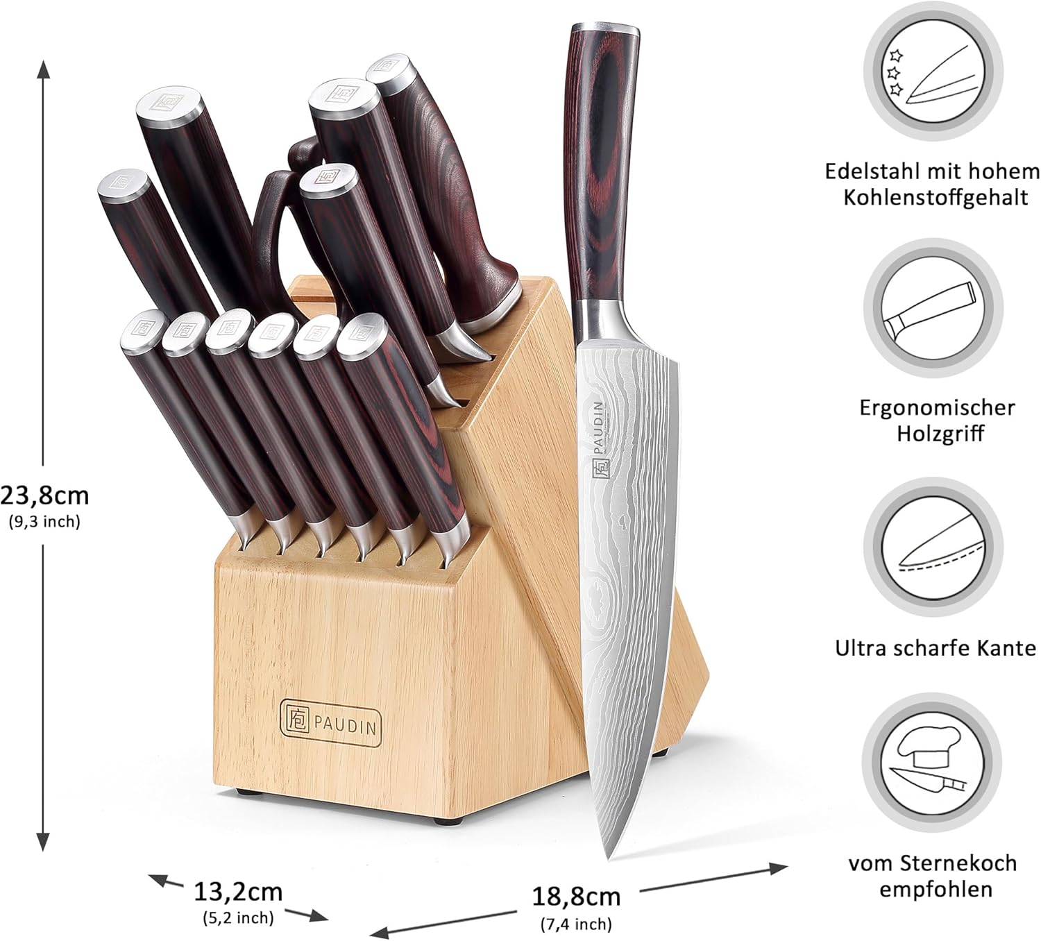 PAUDIN - Set Couteaux Cuisine Série Pro - 14 pcs - Acier Allemand, manche bois