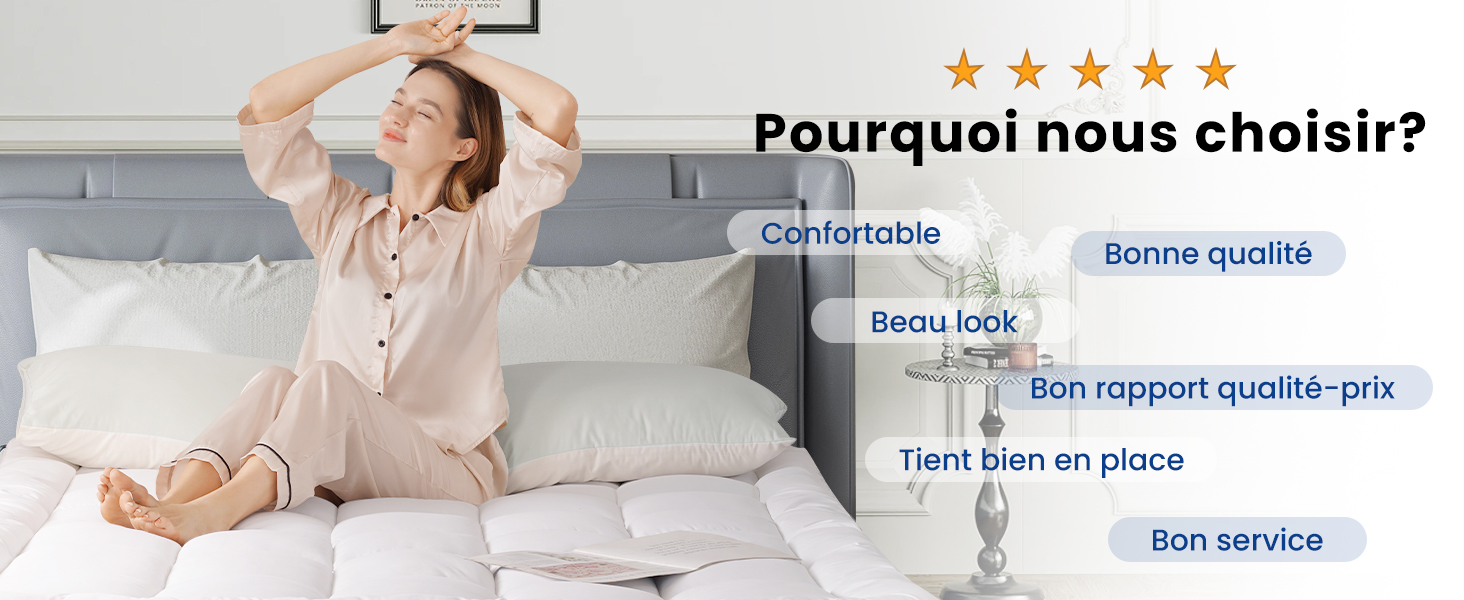 Le texte se lit comme suit : « Pourquoi nous choisir ? » (Pourquoi nous choisir ?) suivi d'une interface pédagogique montrant les indicateurs de qualité de service et les étapes d'installation sur plusieurs panneaux.