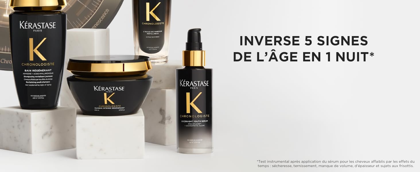 Le texte se lit comme suit : « INVERSE 5 SIGNES DE L'AGE LA NUIT ». Présentoir de produits de beauté avec des contenants de marque noirs et dorés sur fond neutre.