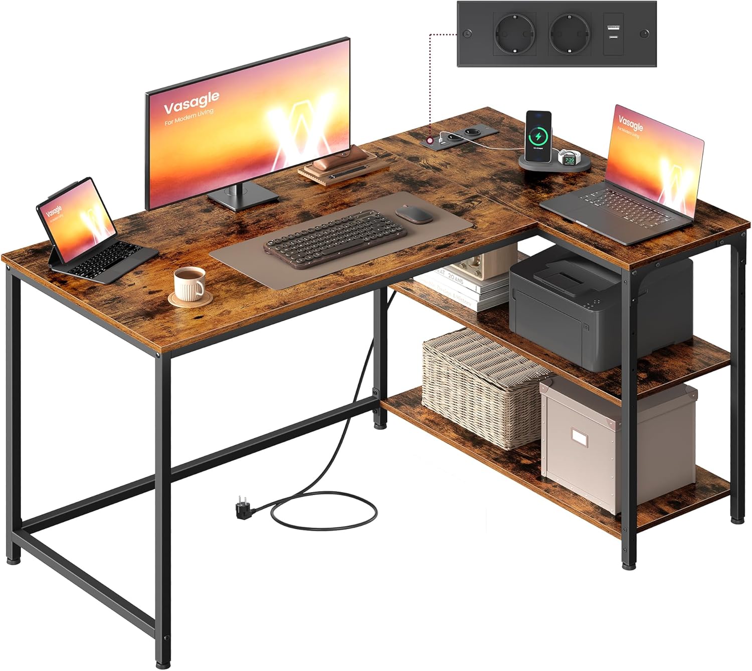 VASAGLE - Bureau Gaming Série L - 120x80cm - étagères réglables, prises USB, LWD132KD01
