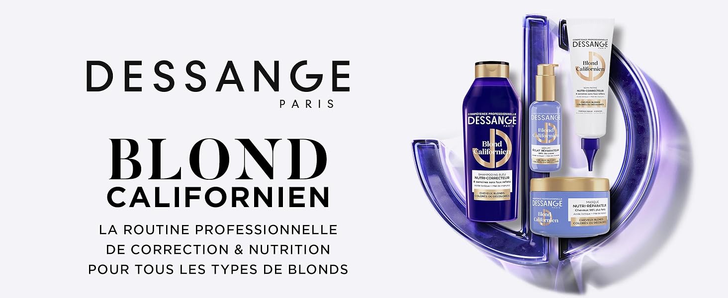 Le texte indique « DESSANGE CALIFORNIEN BLOND » et « LA ROUTINE PROFESSIONNELLE POUR TOUS LES TYPES DE BLONDS ». Emballage de produit pour la gamme de soins capillaires avec des flacons violets et blancs.