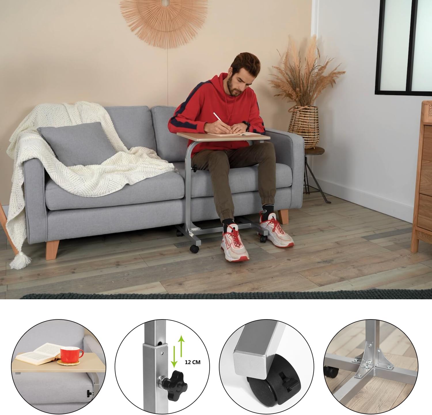 MEUBLE COSY - Table de Lit réglable sur roulettes - 48x37x79cm - support PC chêne