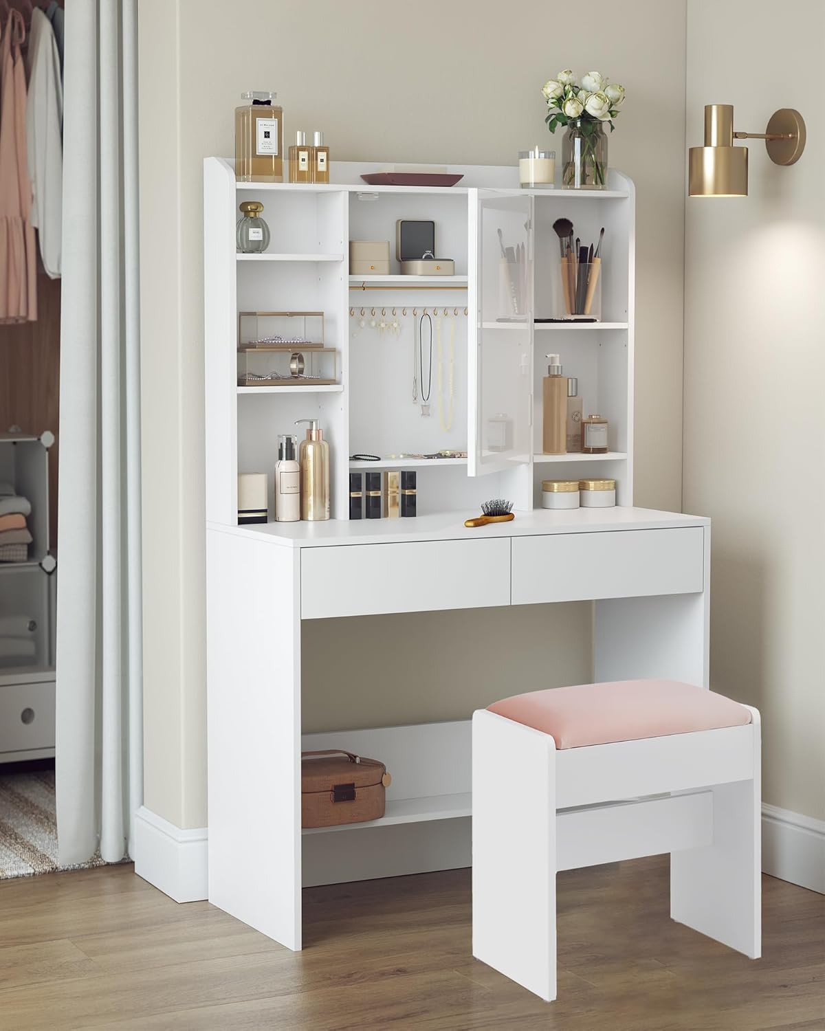 VASAGLE - Kailyn Collection - coiffeuse LED, 3 couleurs, 2 tiroirs, étagère réglable, blanc, RDT723W01