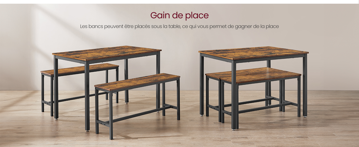Deux ensembles de meubles de salle à manger de style industriel. Chaque ensemble comprend une table et deux bancs avec des plateaux en bois et des cadres en métal noir.