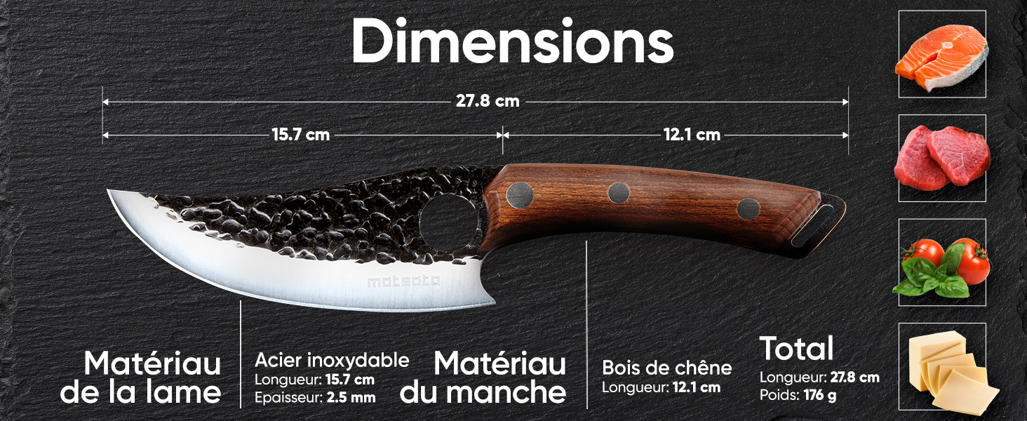 Le texte indique « Dimensions ». Schéma des spécifications du produit montrant les mesures et les détails des matériaux pour un manche de couteau et les composants de la lame.