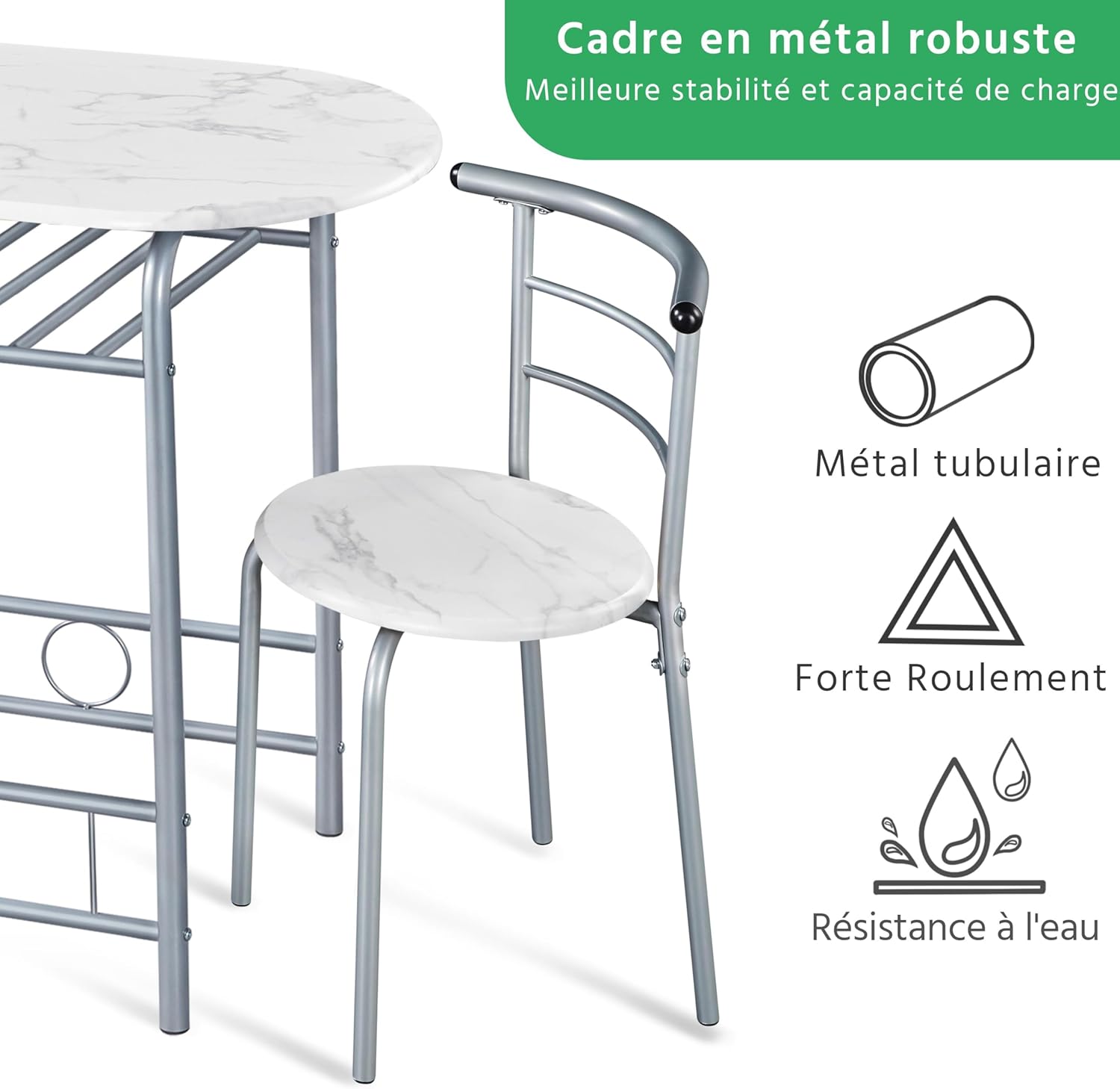 Yaheetech – Ensemble table ronde, 2 chaises, bois MDF, métal, porte-bouteilles, pour petit espace, Studio Blanc