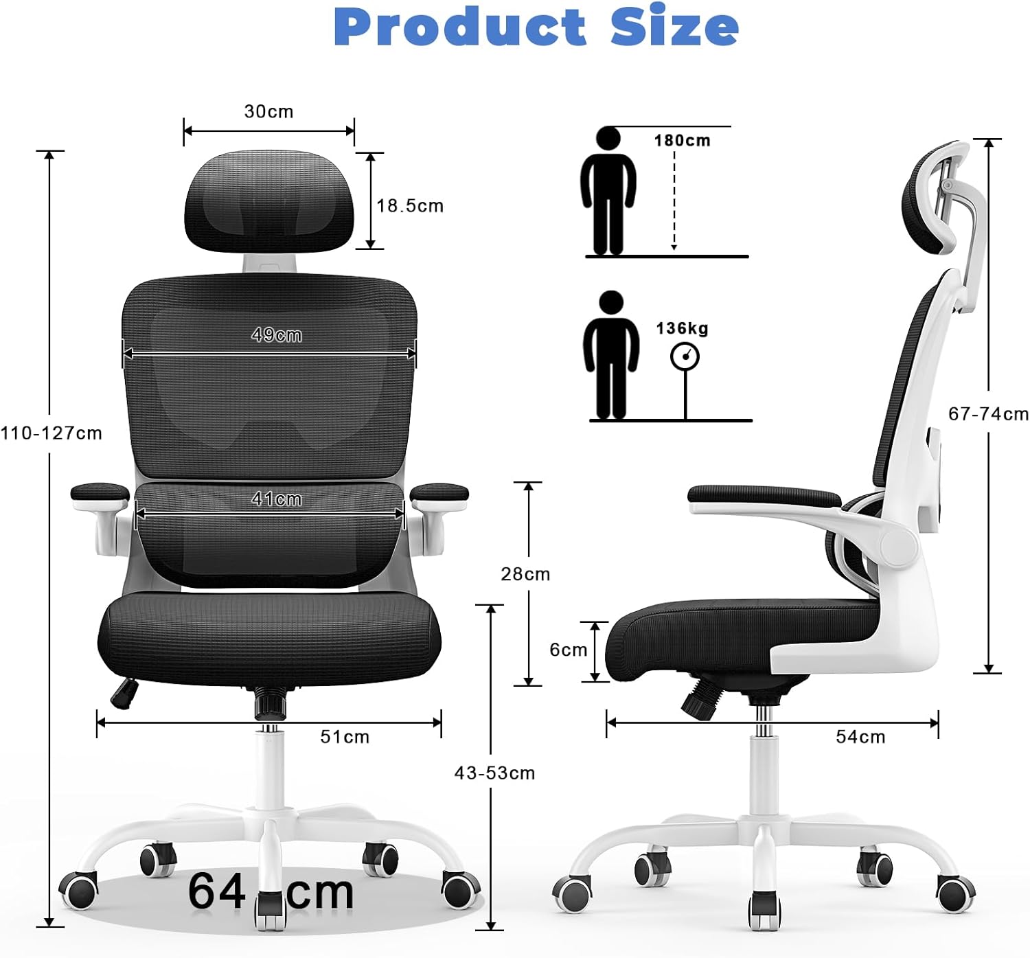Chaise de bureau ergonomique - dossier/appui-tête réglables - support lombaire - accoudoirs réversibles - maille respira