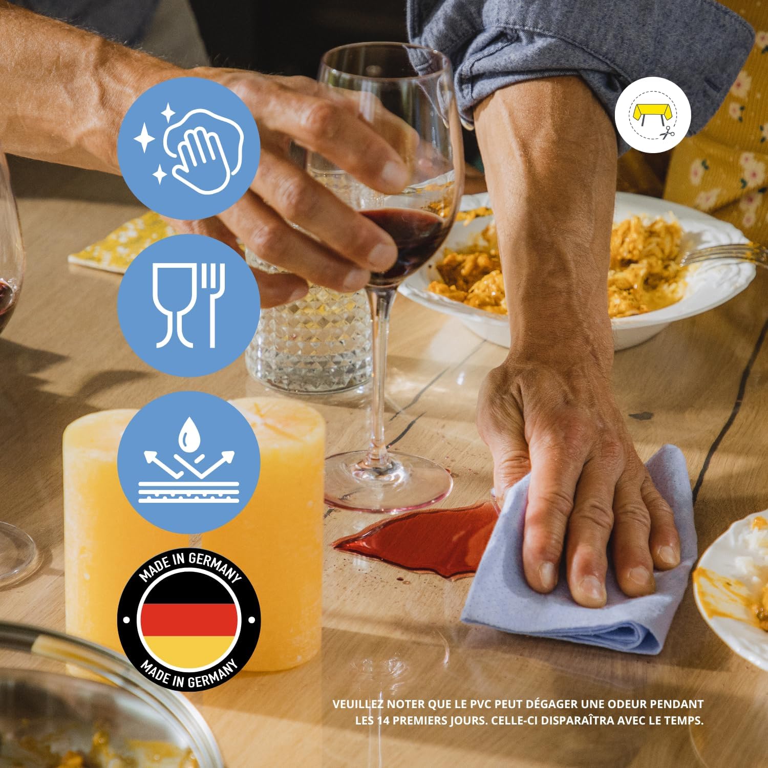 Nappe transparente ronde 85 cm, épaisseur 3mm, bords inclinés, toile lavable