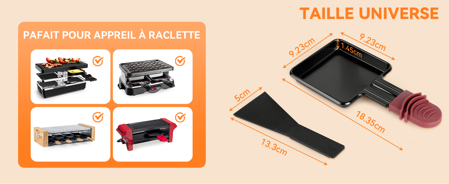 montrant différents modèles. Comprend des dimensions de 22 x 9 cm pour une poêle à griller de taille universelle