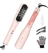 Collection d'outils de toilettage roses comprenant une tondeuse à cheveux, des accessoires, une brosse de nettoyage et un gant de protection sur fond blanc.